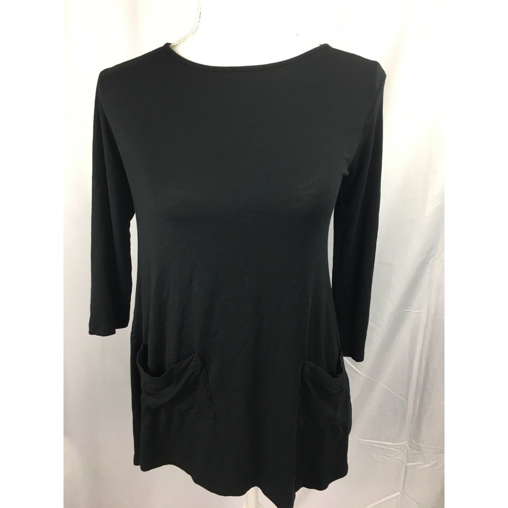 LOGO Lori Goldstein Women XS Black Shirt Top‎ 3/4 Sleeve Pockets Button Back